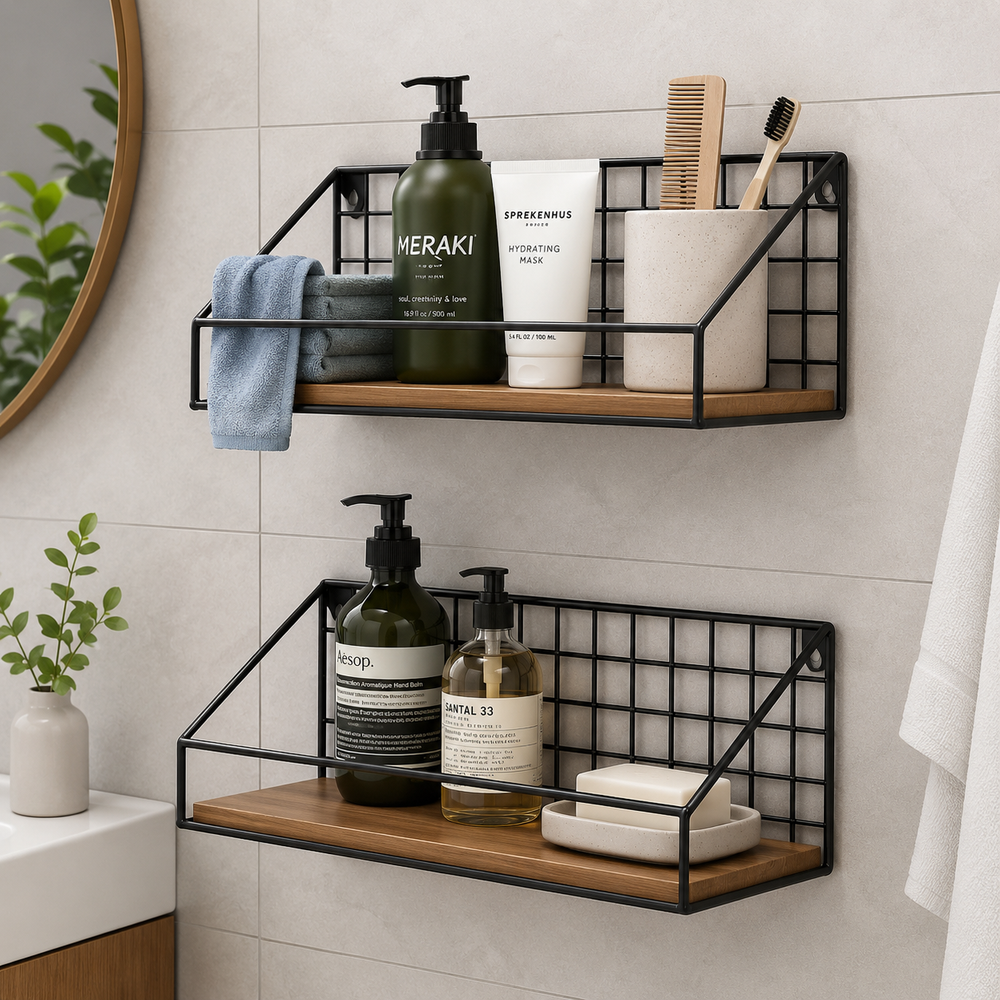 Premium Wrought Iron Bathroom Shelf with Melamine Board