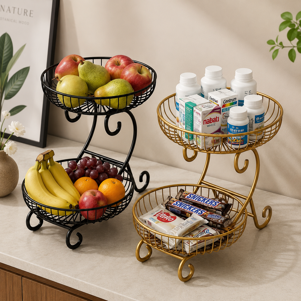 Premium Wrought Iron 2-Tier Fruit Rack & Medicine Organizer